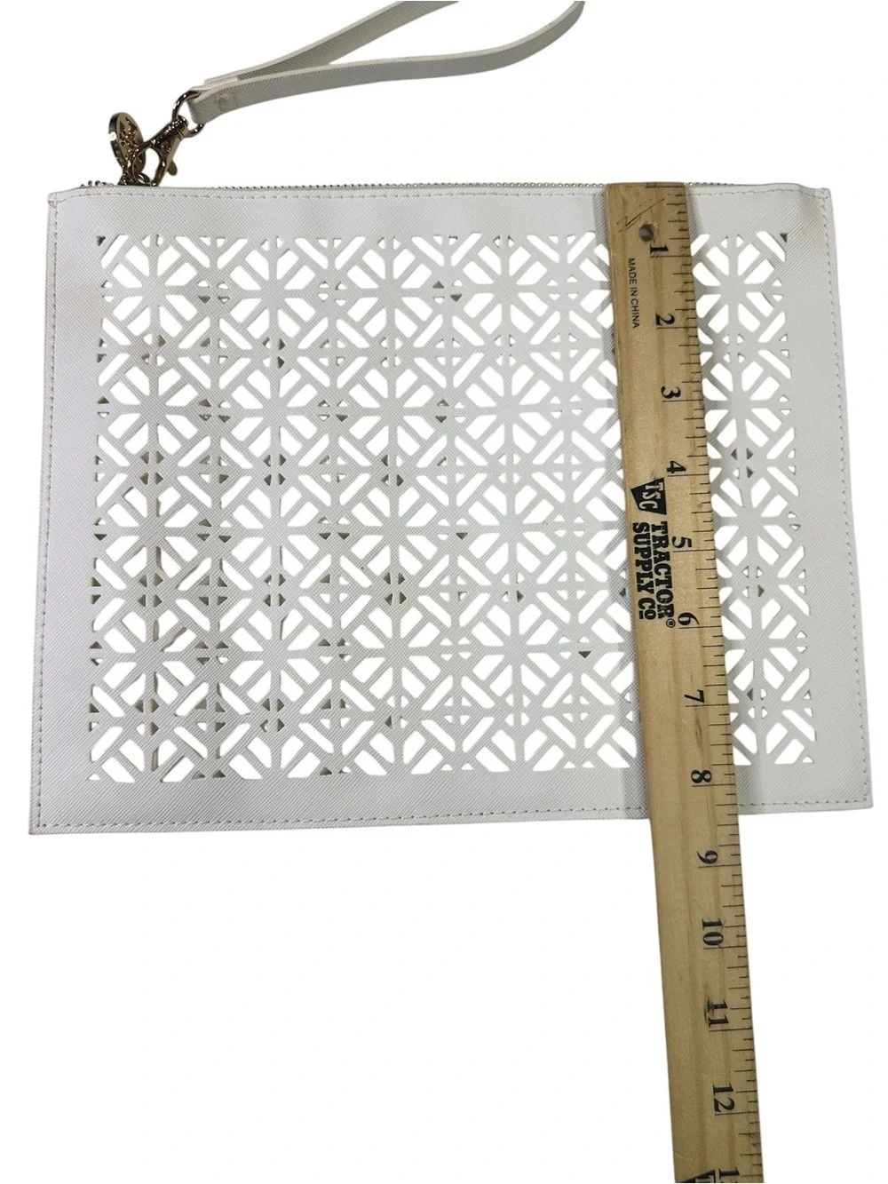 Tory Burch White Laser-Cut Geometric Wristlet Clutch Pouch Gold Hardware